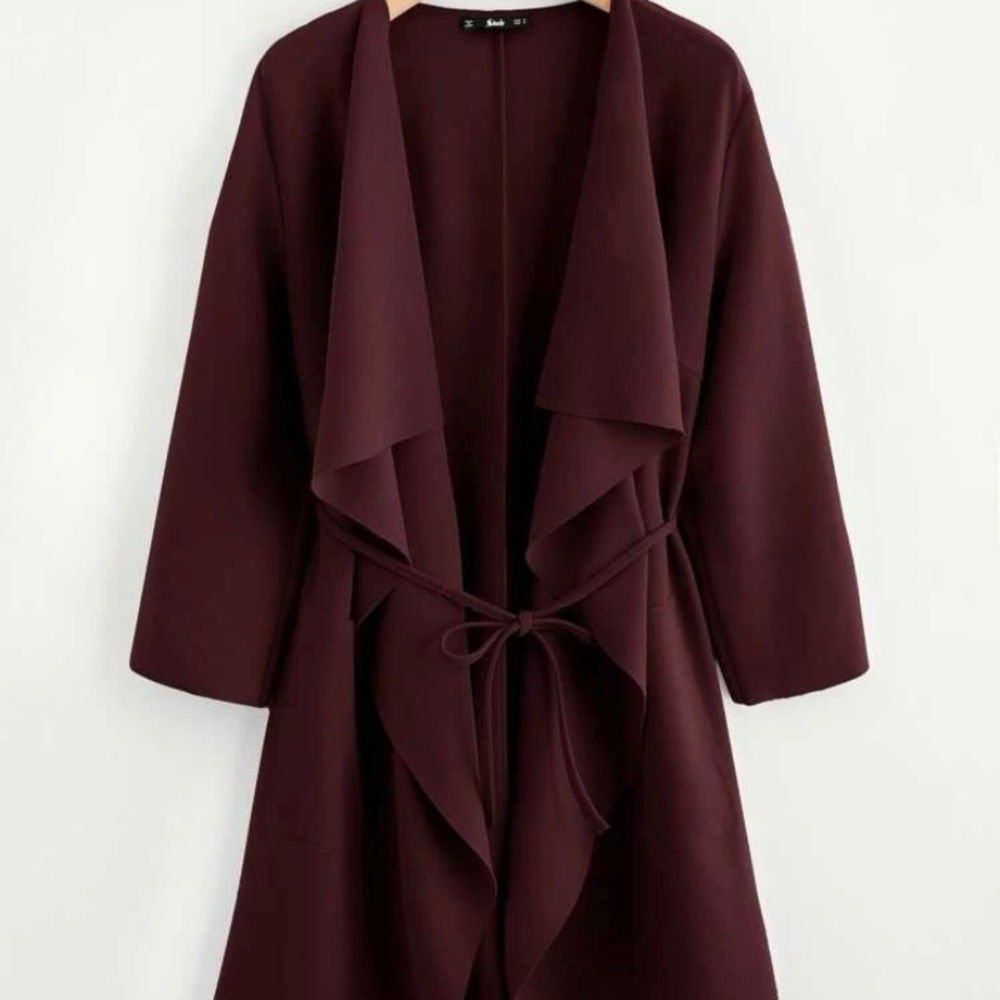 Burgundy Wrap Coat featuring Waterfall Collar and Front Pockets (Size: Large)